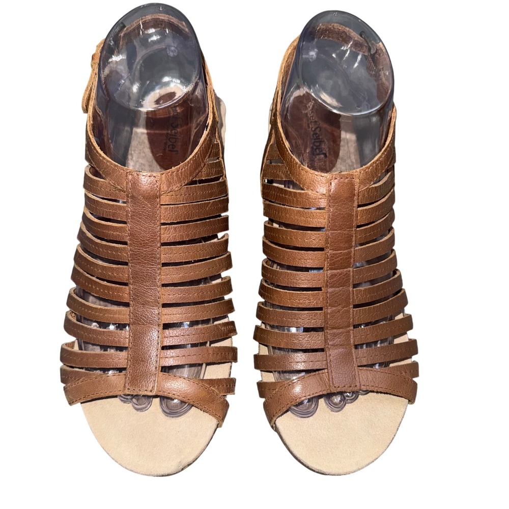 Josef Seibel Womens Brown Leather Strappy Block Heel‎ Cage Sandals Size 39 EU